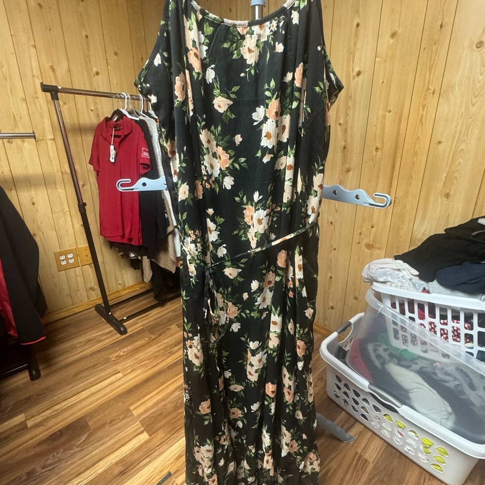 Old Navy Black Maxi Dress with Peach and Cream Floral Print